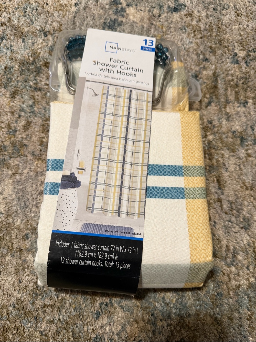 Mainstays Blue & Yellow Plaid Fabric Shower Curtain with Hooks